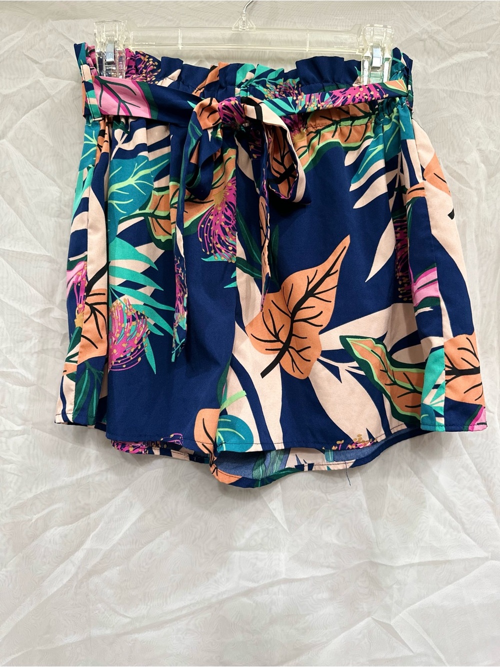 Tropical Print Paperbag Waist Shorts with Tie - Navy
